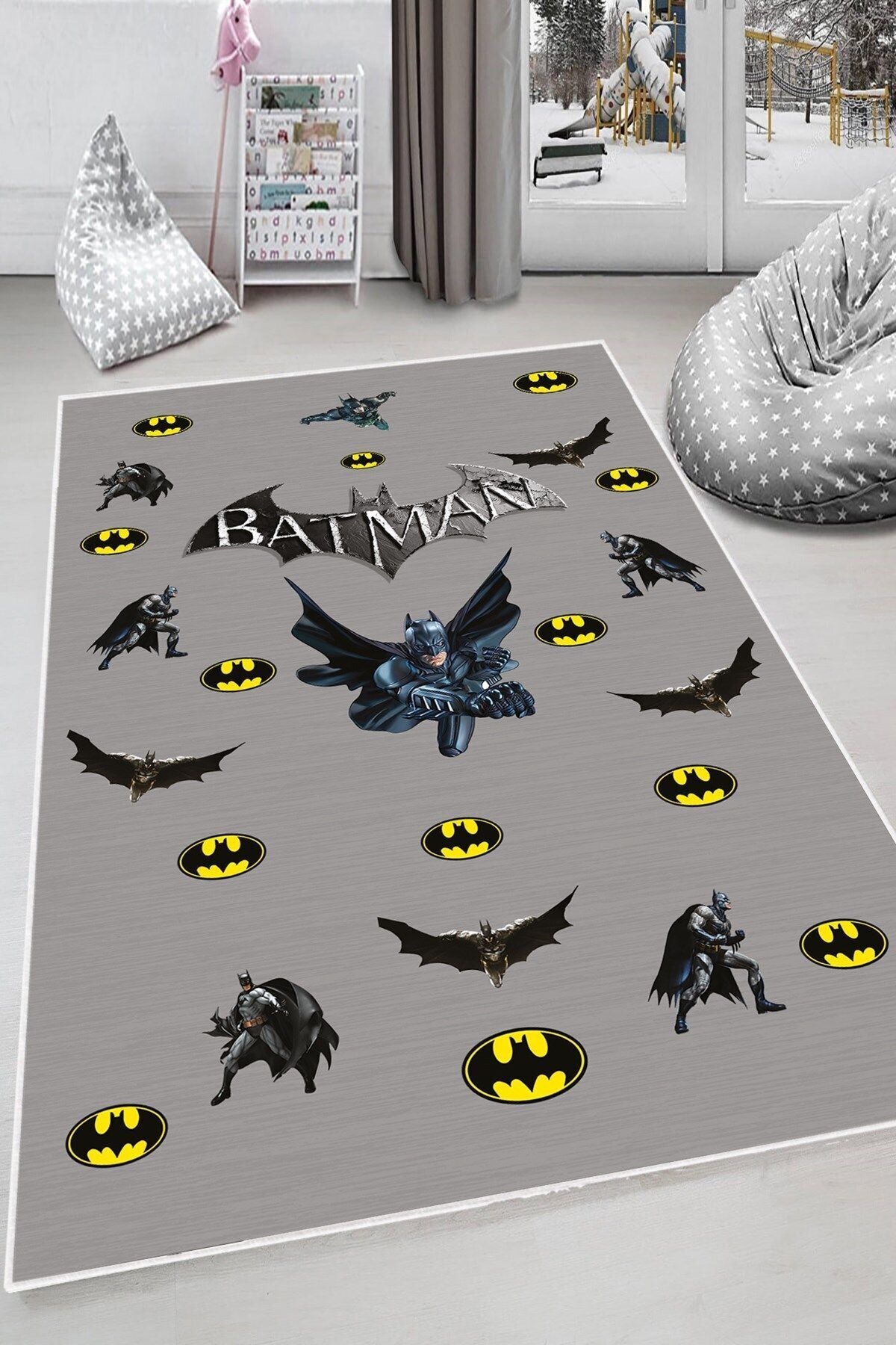 MENTEŞ HOME Gri Batman Desenli Yıkanabilir Kaymaz Taban Leke Tutmaz Bebek ve Çocuk Odası Halısı fotoğrafı 4 (önizleme)