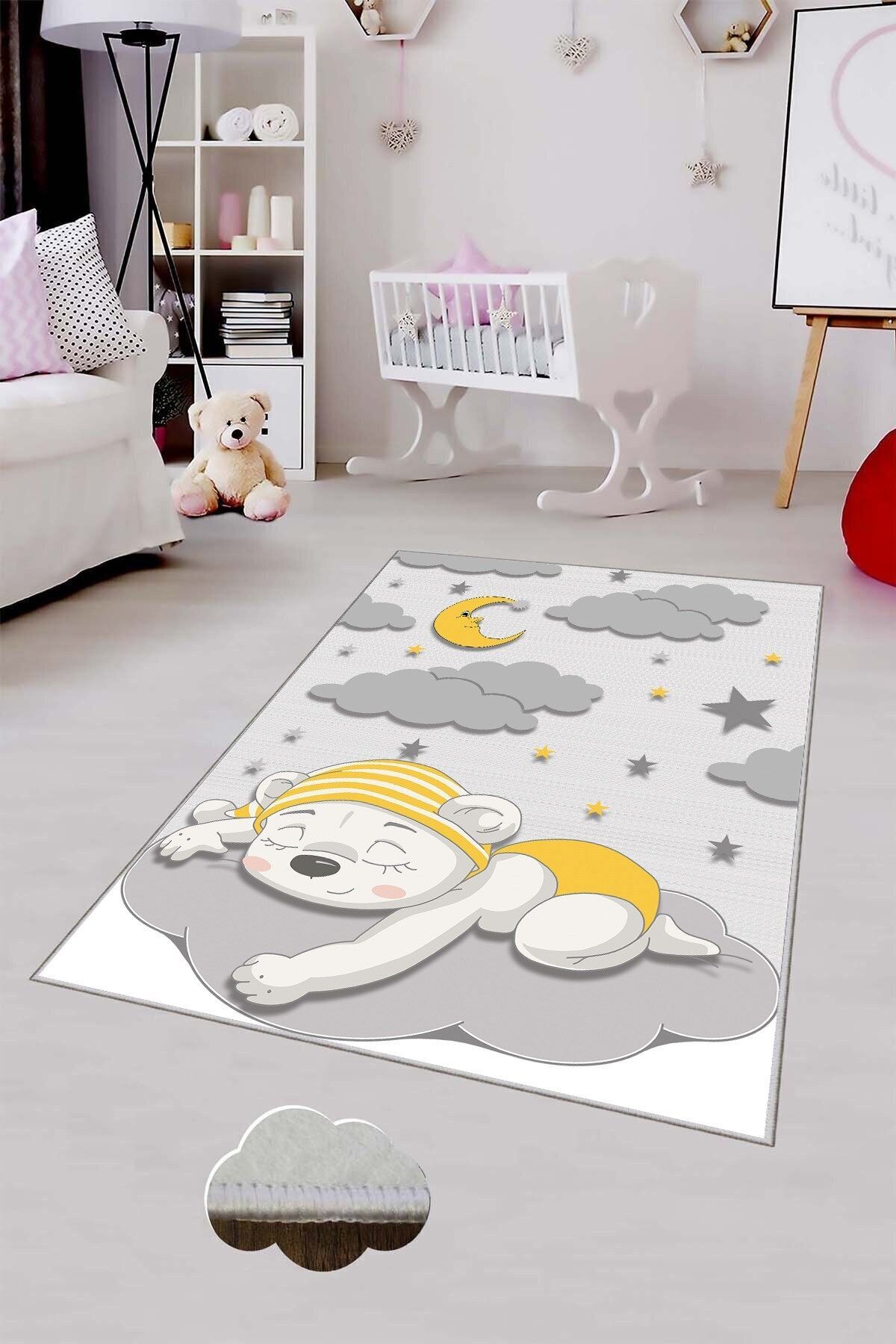 MENTEŞ HOME MENTEŞ Gri Uyuyan Ayıcık Desenli Yıkanabilir Kaymaz Taban Leke Tutmaz Bebek ve Çocuk Odası Halısı fotoğrafı 4 (önizleme)