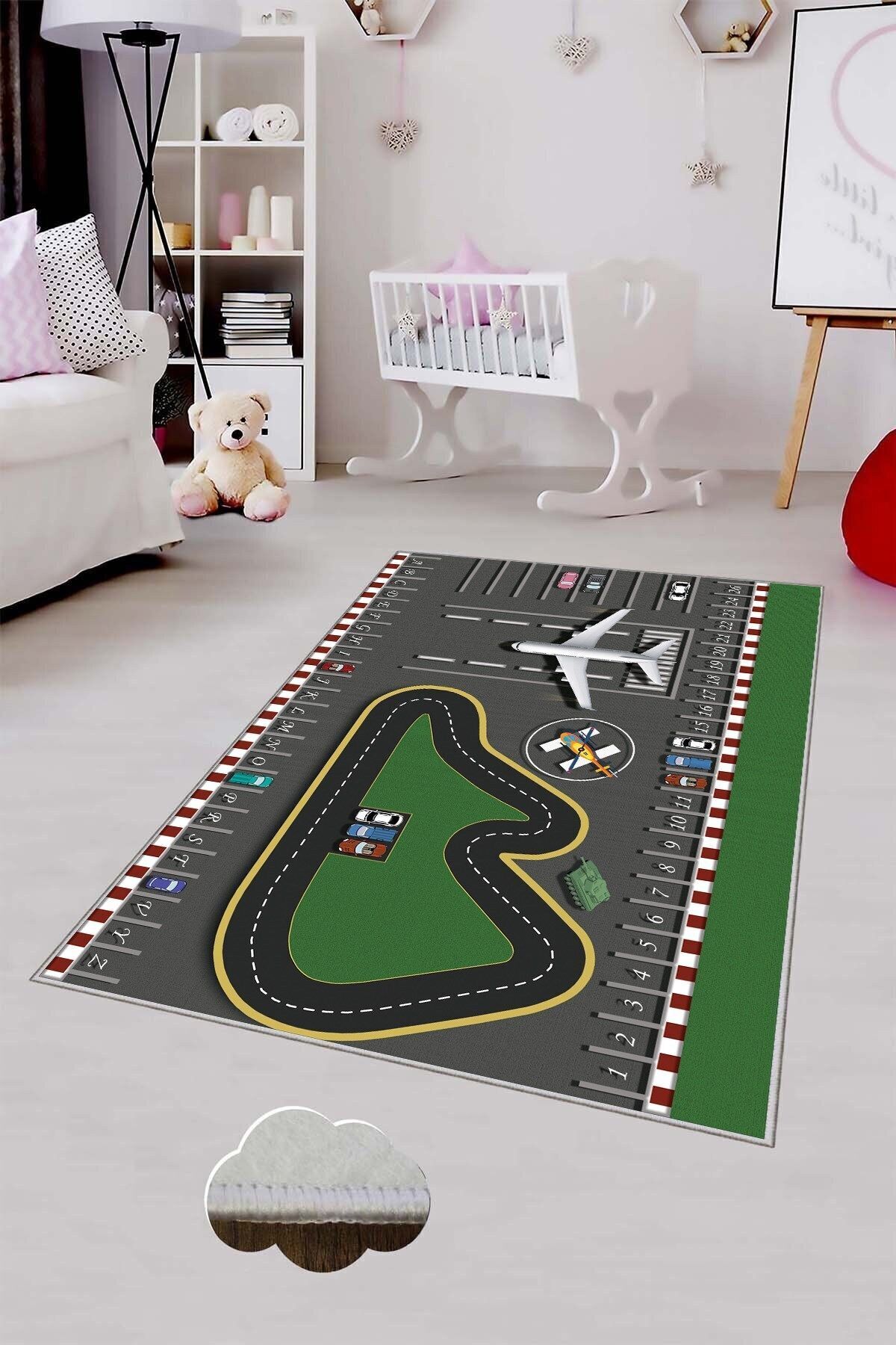 MENTEŞ HOME MENTEŞ Gri Pist Ve Uçak Desenli Yıkanabilir Kaymaz Taban Leke Tutmaz Bebek ve Çocuk Odası Halısı fotoğrafı 2 (önizleme)