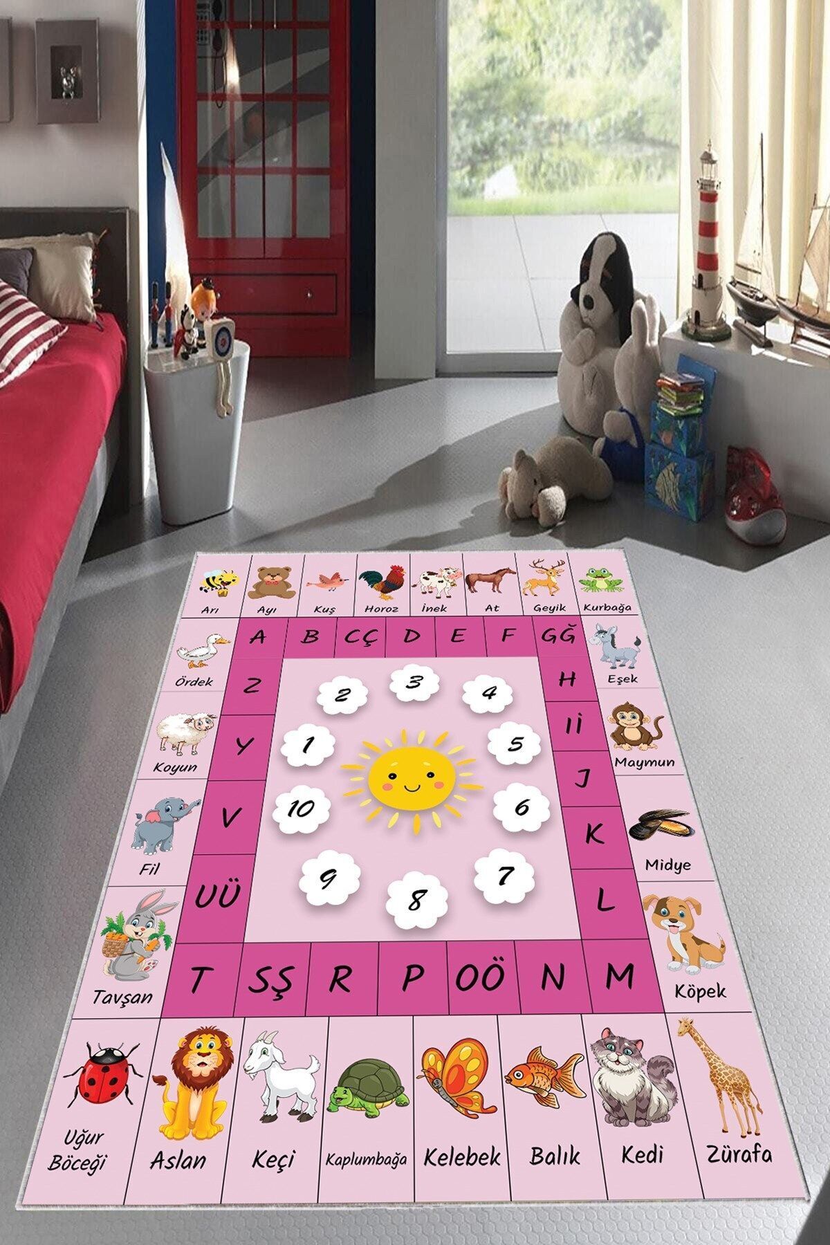 MENTEŞ HOME MENTEŞ Pembe Alfabe Desenli Eğitici Yıkanabilir Kaymaz Taban Leke Tutmaz Bebek ve Çocuk Odası Halısı fotoğrafı 5 (önizleme)