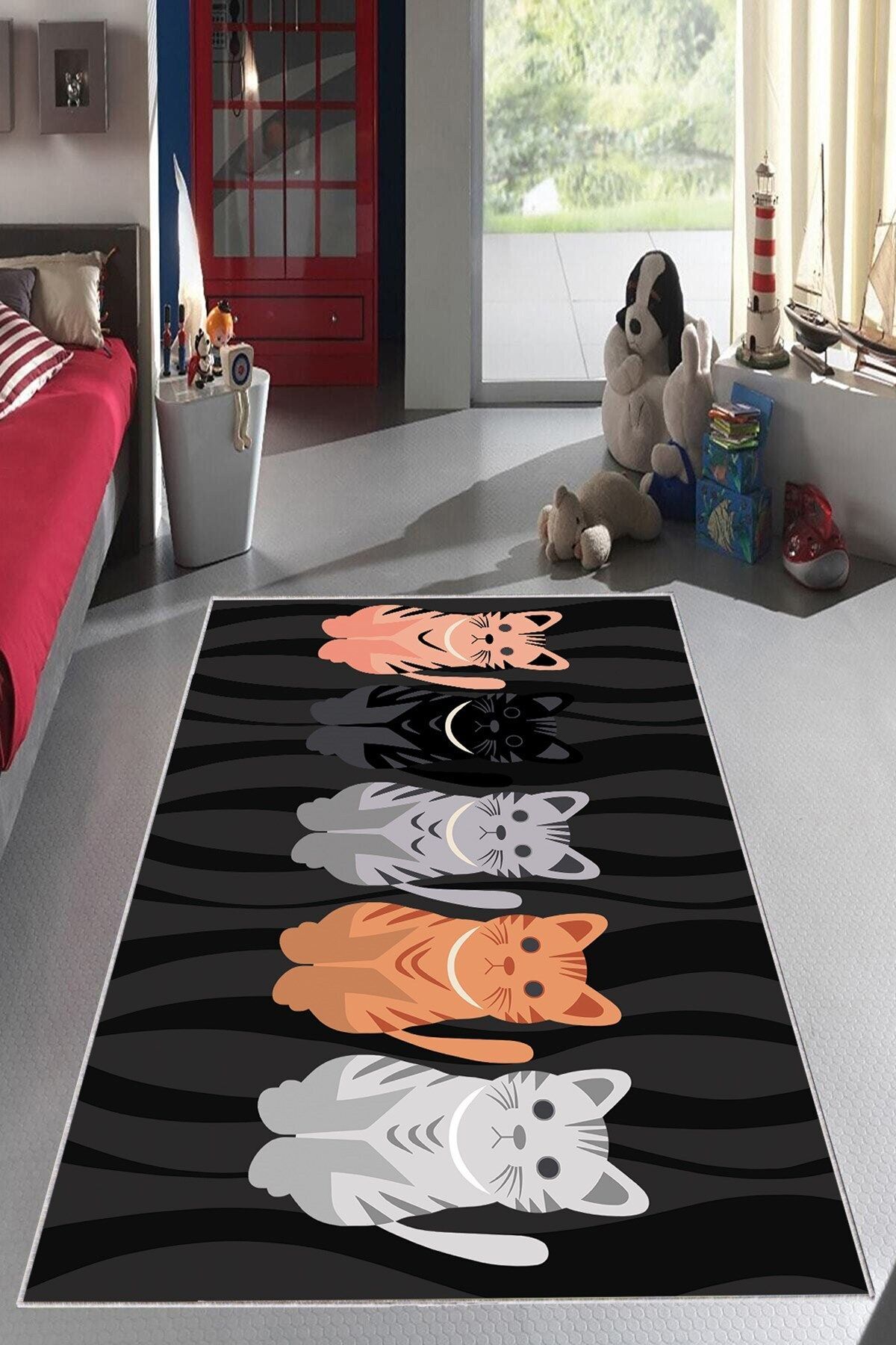 MENTEŞ HOME MENTEŞ Siyah Kedi Desenli Çocuk Yıkanabilir Kaymaz Taban Leke Tutmaz Bebek ve Çocuk Odası Halısı fotoğrafı 5 (önizleme)