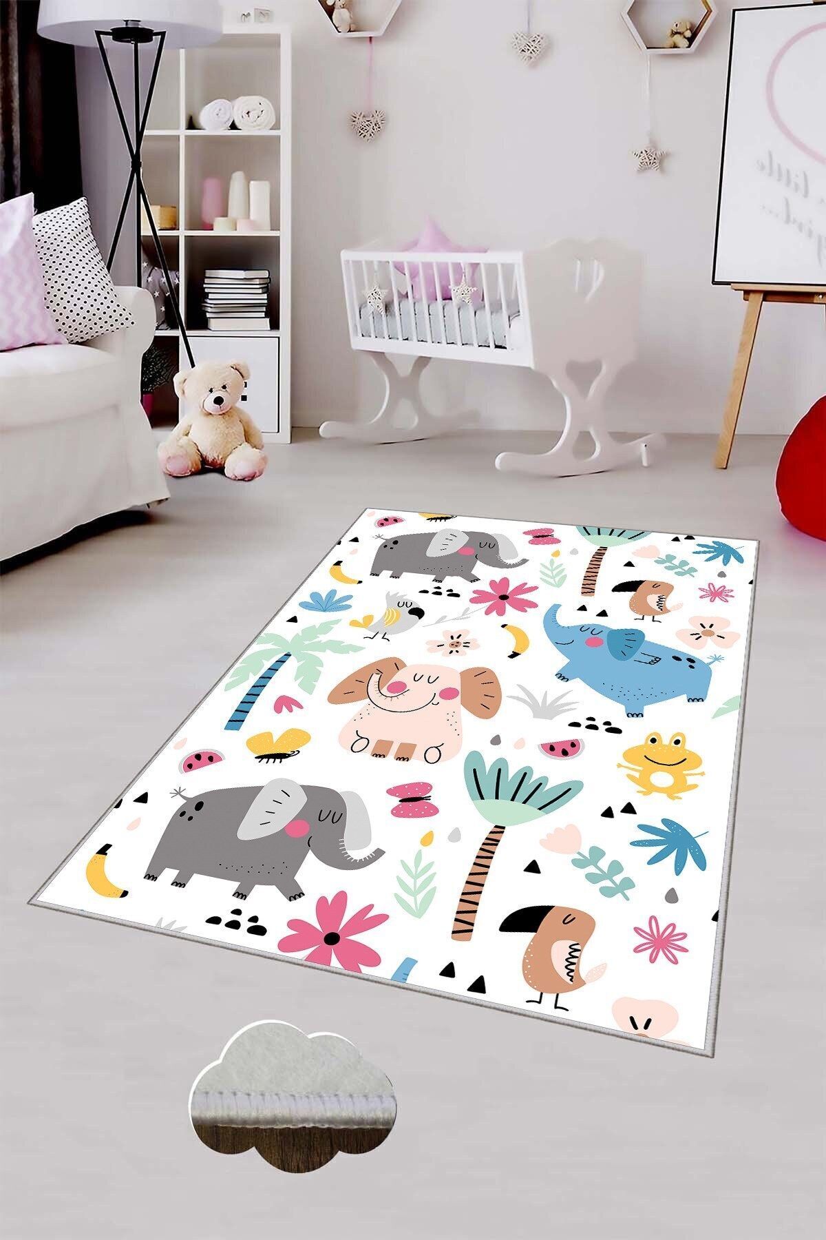 MENTEŞ HOME MENTEŞ Beyaz Sevimli Hayvanlar Desen Yıkanabilr Kaymaz Taban Leke Tutmaz Bebek ve Çocuk Odası Halısı fotoğrafı 2 (önizleme)