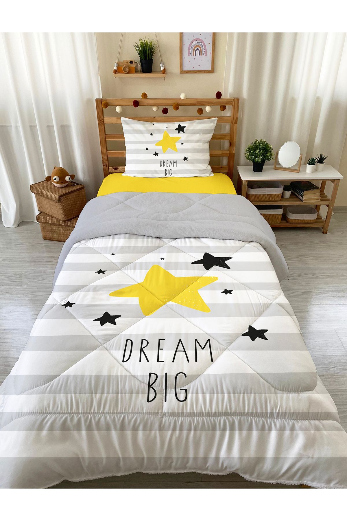 Evmila Yıldız Desenli Tek Kişilik 160x220 Cm Wellsoft Çift Taraflı Silikon Yorgan Ve Uyku Seti