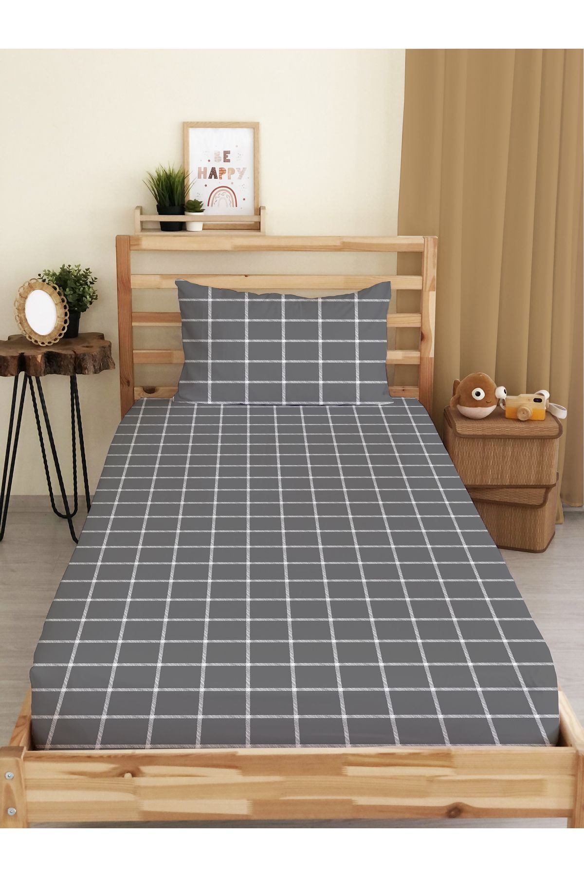 Evmila-Square Patterned Printed Single Elastic Sheet Set 1