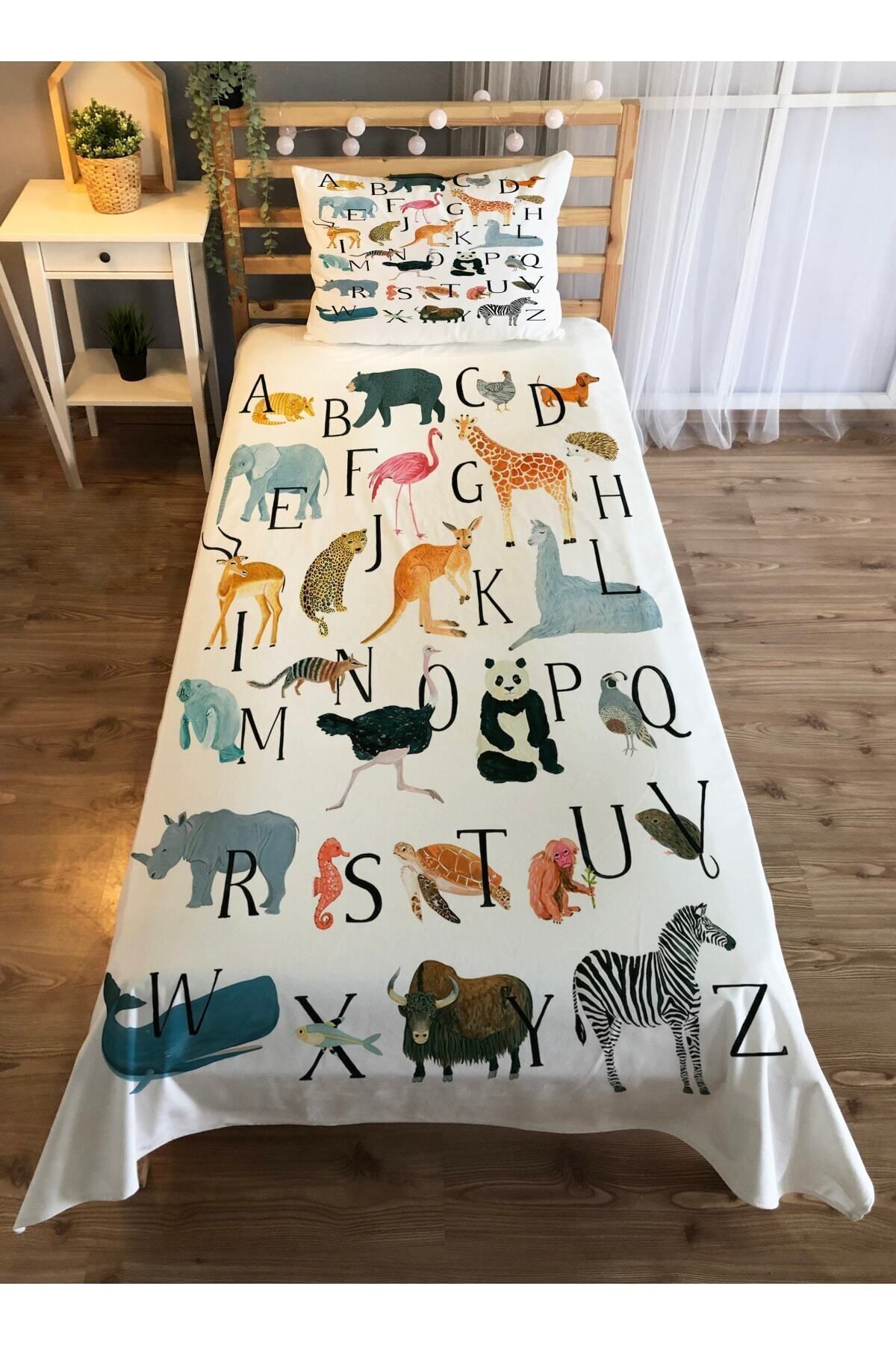 Evmila Cuvertură De Pat Din Catifea Cu Model De Animale Și Litere - Albă - One Size