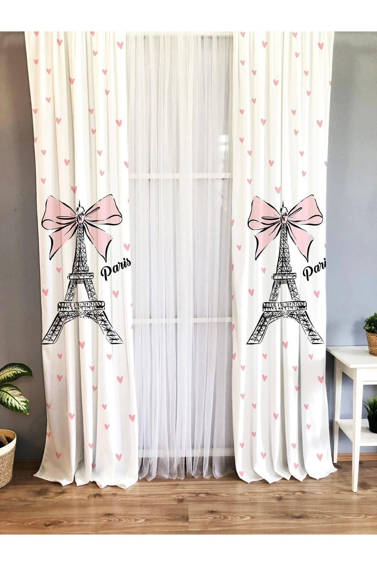 Evmila-Printed Pink Ribbon Eiffel Tower Patterned Single Wing Velvet Texture Background Curtain - White 1
