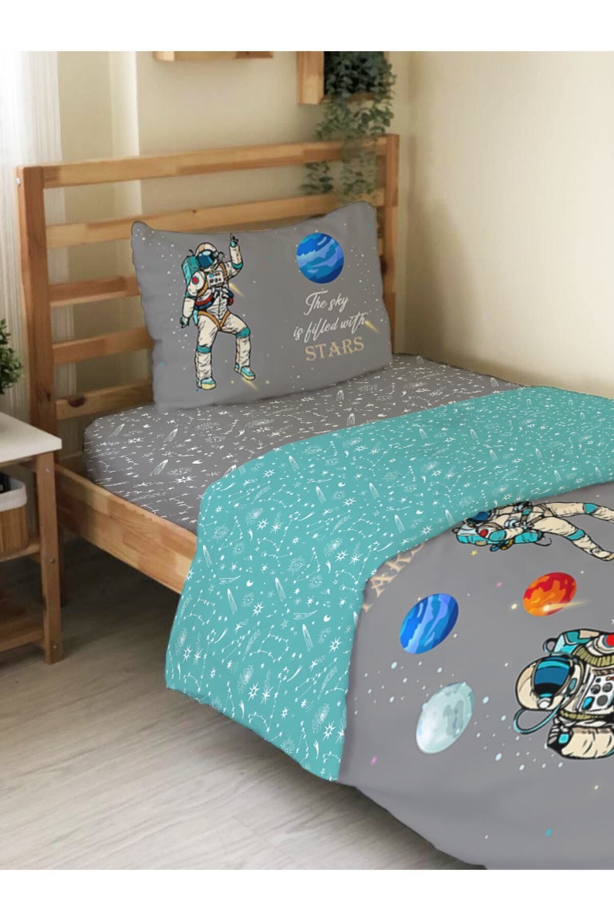Evmila-Double Sided Astronaut Patterned 2-Piece Set Without Sheets Printed Single Duvet Cover Set Gray 2