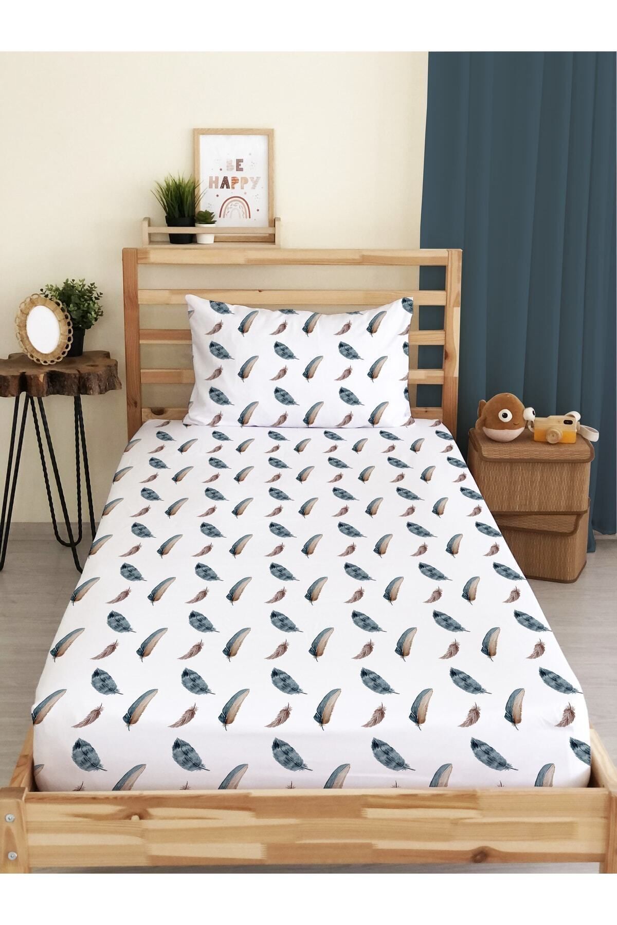 Evmila-Feather Pattern Printed Single Elastic Sheet Set Colorful 1