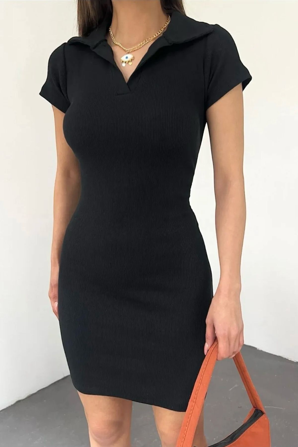 kozzy Women s Fitted Body Sitting Polo Collar Short Sleeve Dress prom graduation henna wedding occasion Black Trendyol