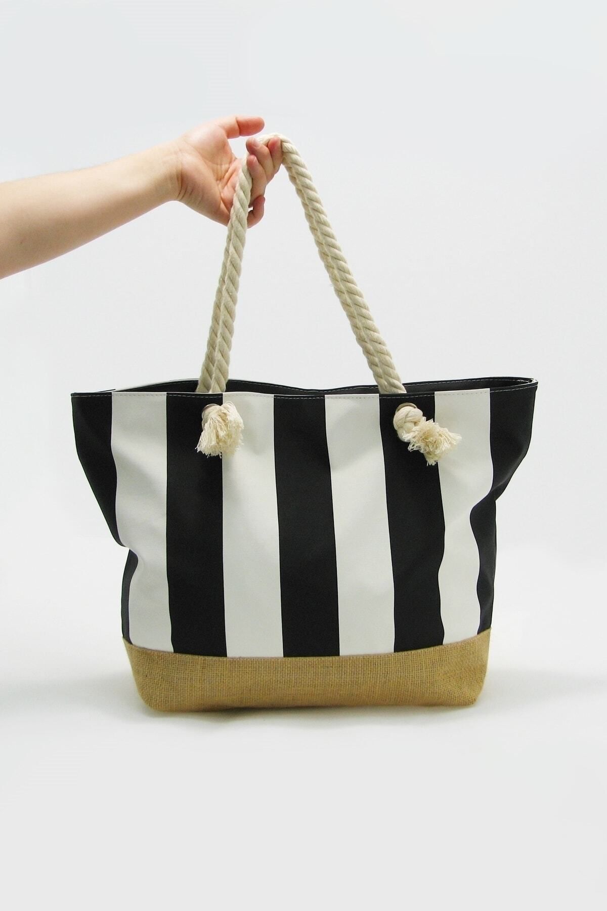 Black and white striped beach bag online