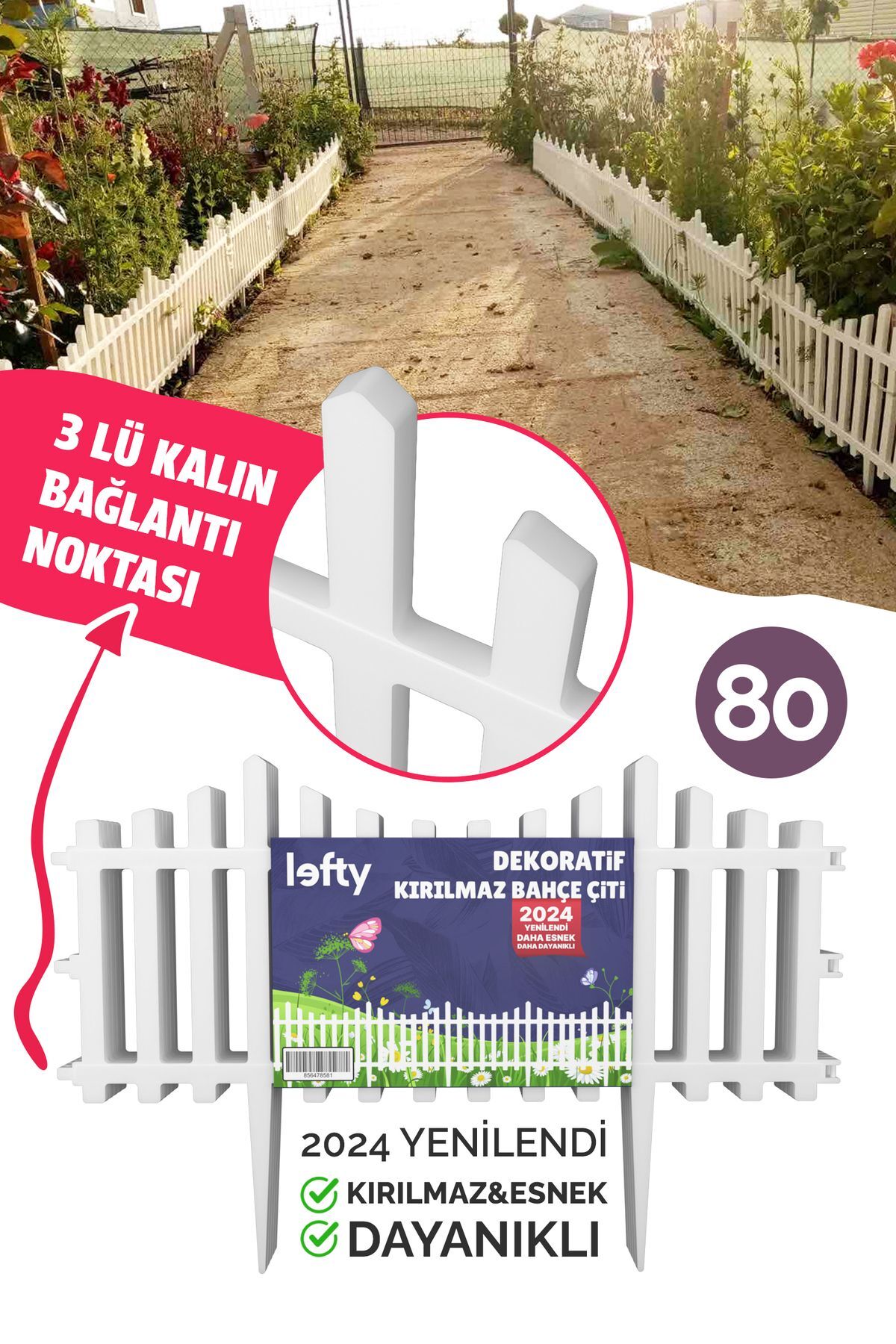Dekoratif Bahçe Çiti Bordür Plastik Çit 59 Cm Peyzaj Çiçek Koruma Panel Beyaz 80'li (47.20 Mt)