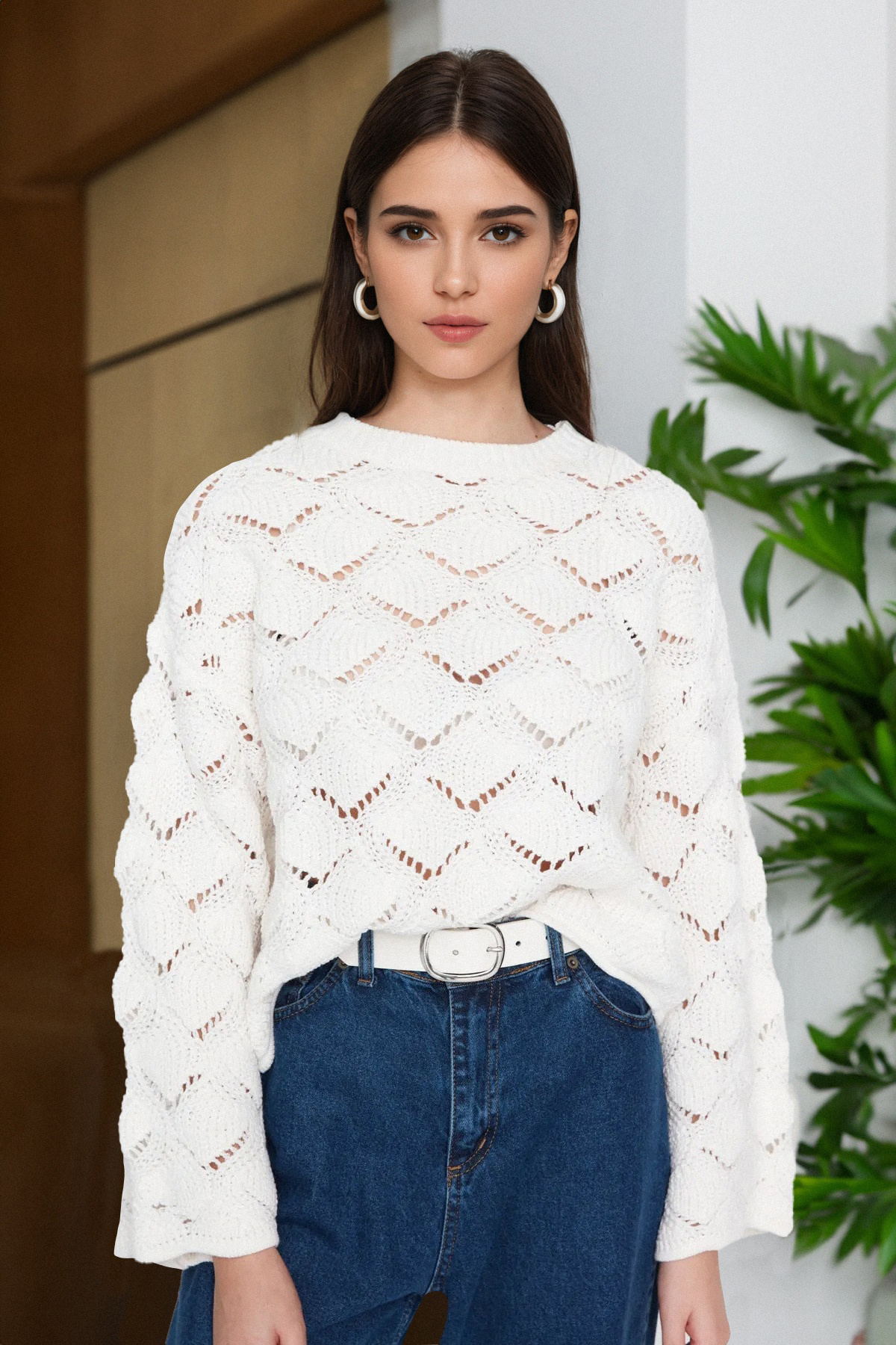 Trendyol Collection Ażurowy sweterek z dzianiny w kolorze ecru - z dziurkami TWOAW22KZ1171