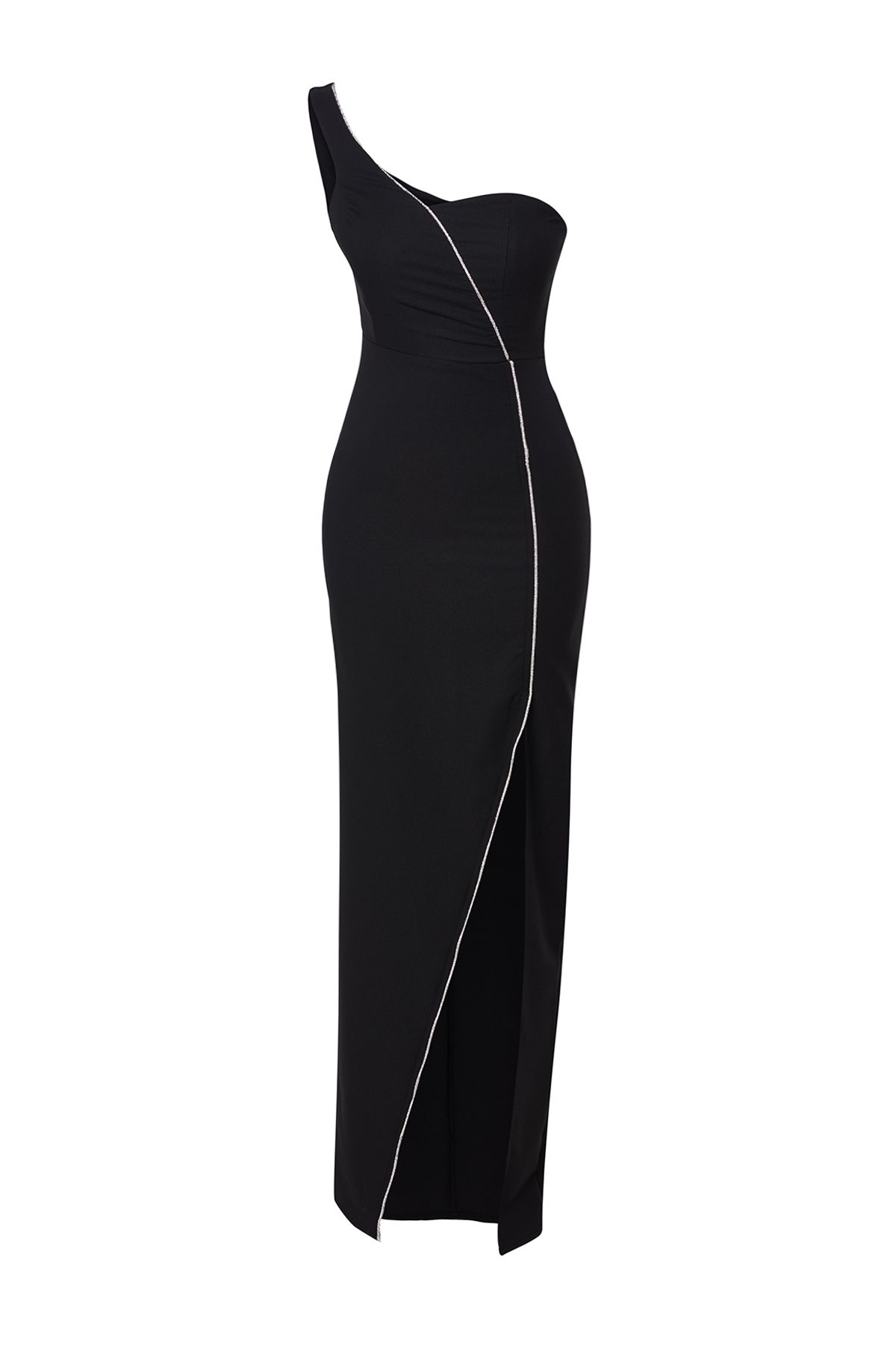 Trendyol Collection-Black Long Evening Dress with Stone Accessories - Single Sleeve Woven TPRSS24AE00166 6