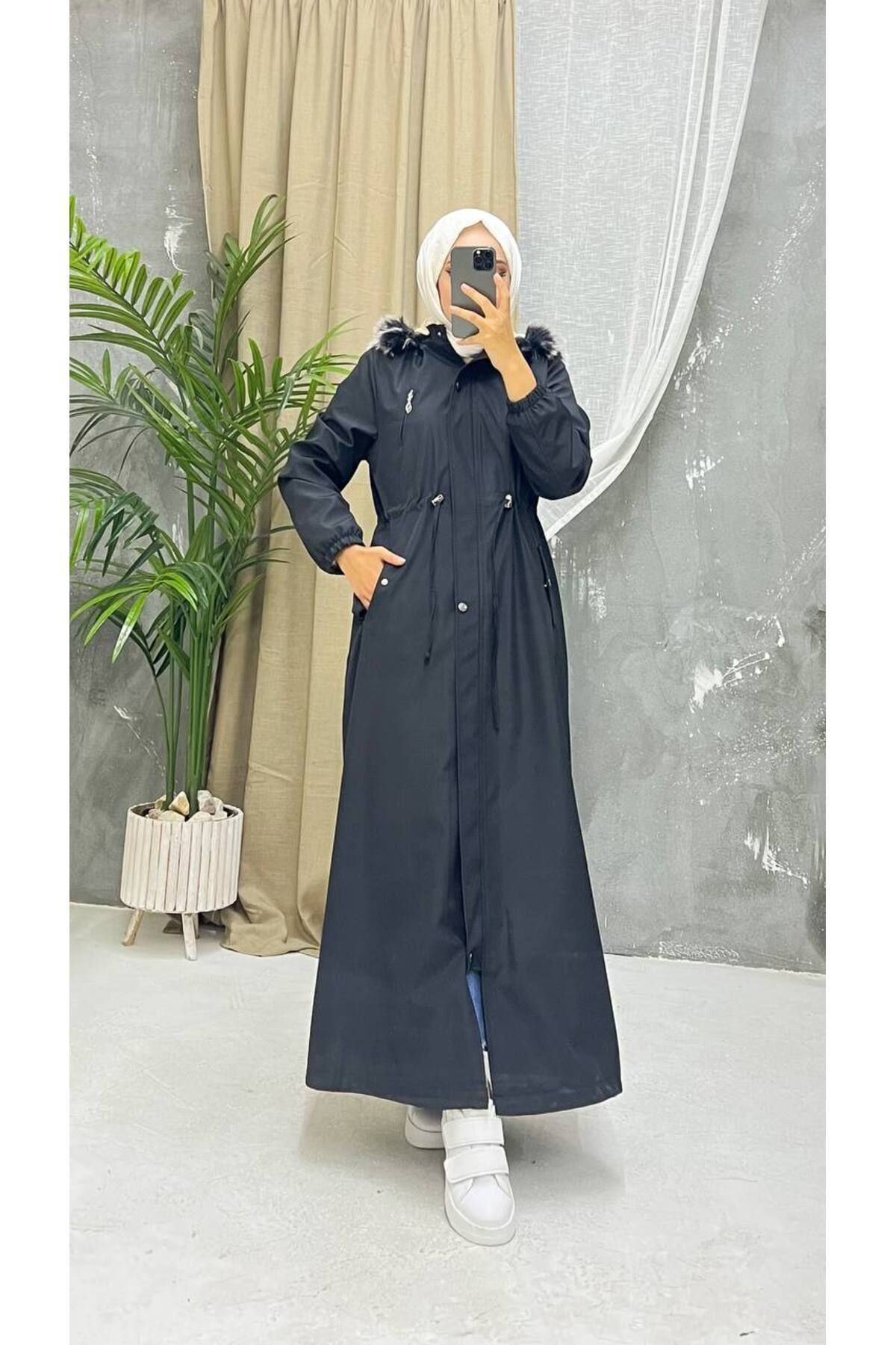 Vibeys Collection Siyah İçi Kürklü Ve Su Geçirmez Tam Boy Kadın Kışlık Mont & Kaban
