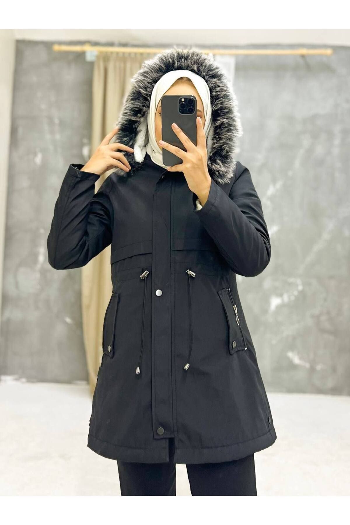 Marjinal City Black Fur Lined and Waterproof Women s Winter Coat Coat Trendyol