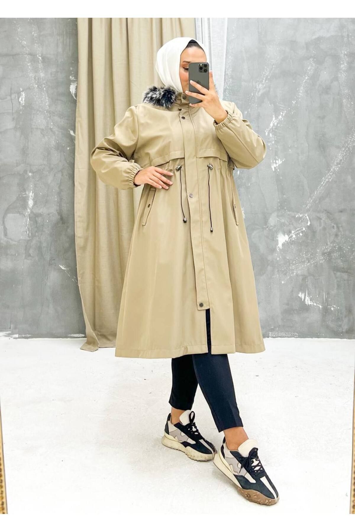 Vibeys Collection Bej İçi Kürklü Ve Su Geçirmez Büyük Beden Battal Kadın Kışlık Mont & Kaban