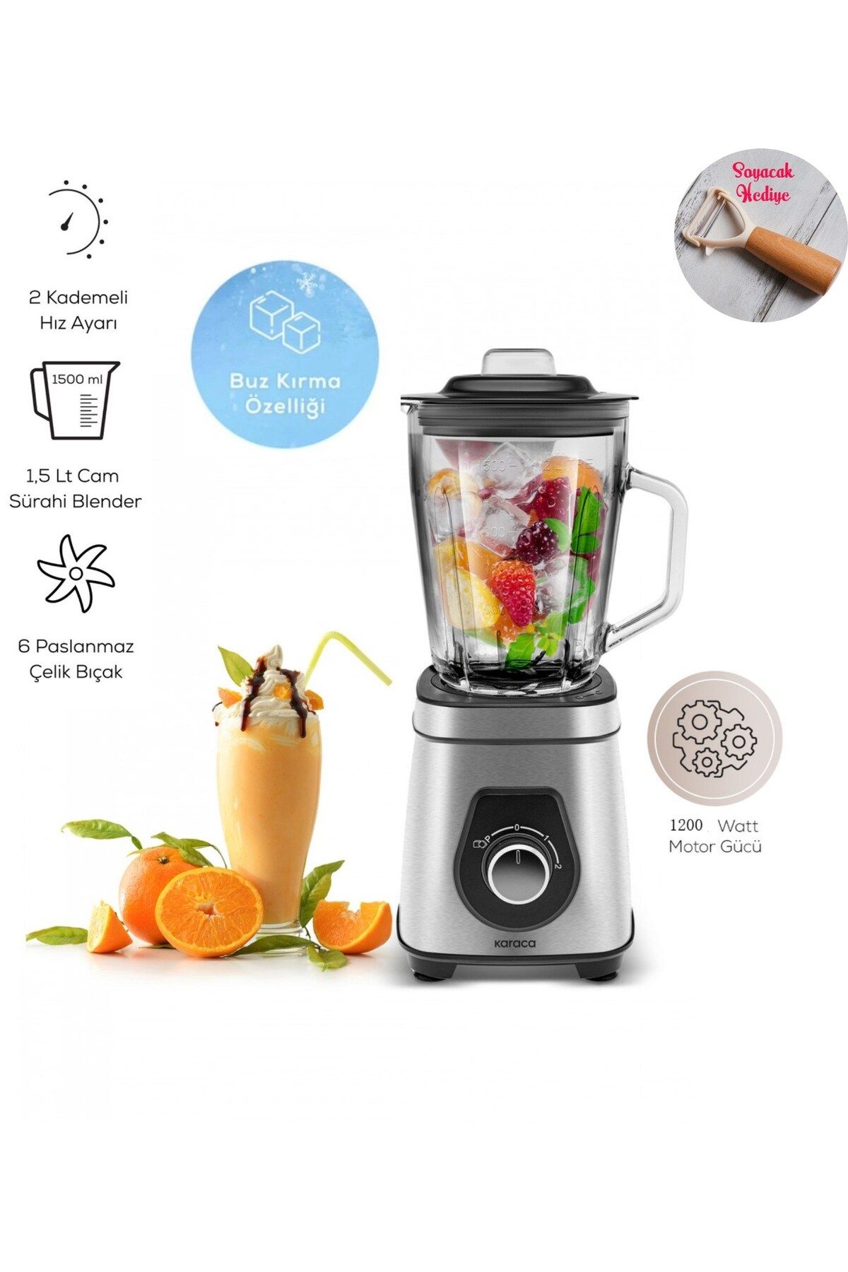 smothiler, milkshakeler, sebze suları Buz Kırıcı 1,5 Lt CAM Hazneli SmoothieBlender 1200W İNOX Gövde