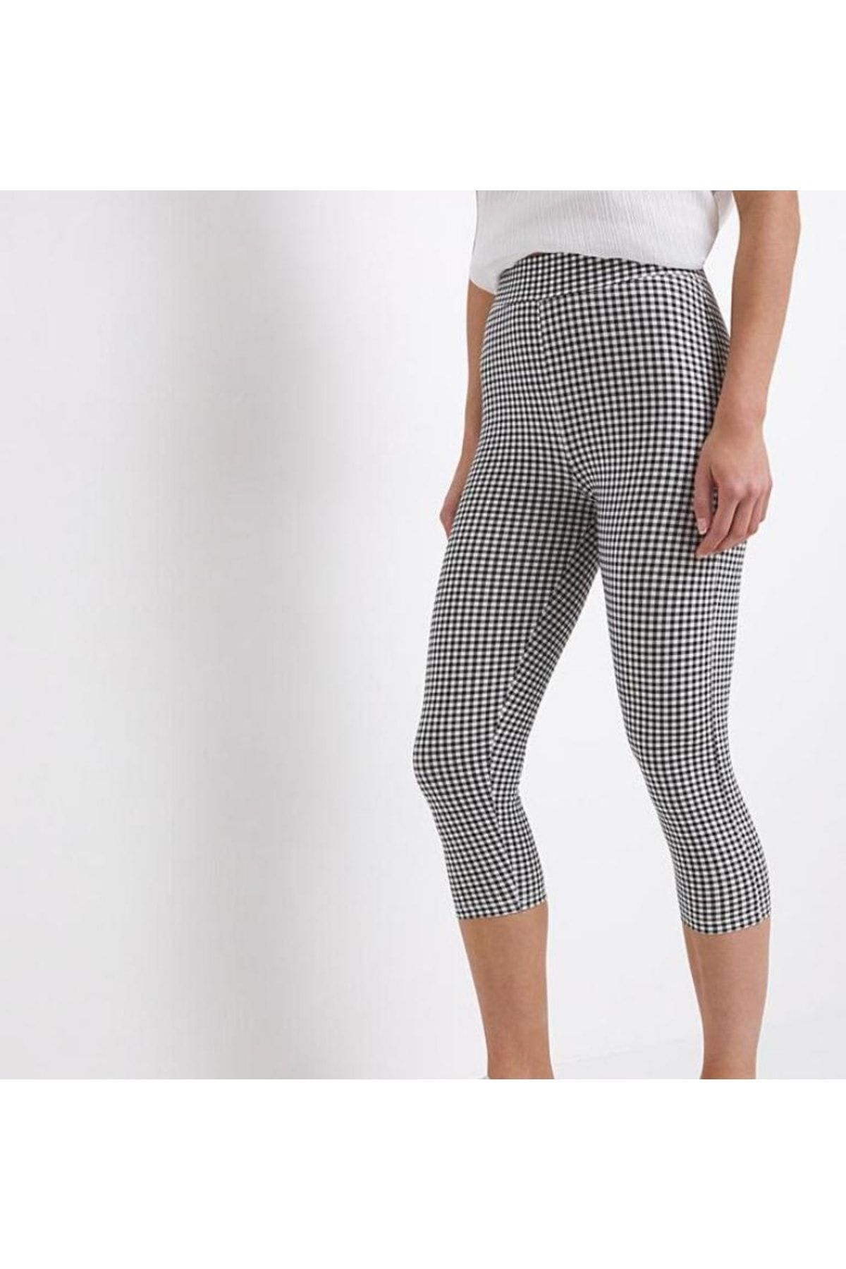 Yabgu Kadın Büyük Beden Yüksek Bel Toparlayıcı Kapri Tayt Ekose Desenli