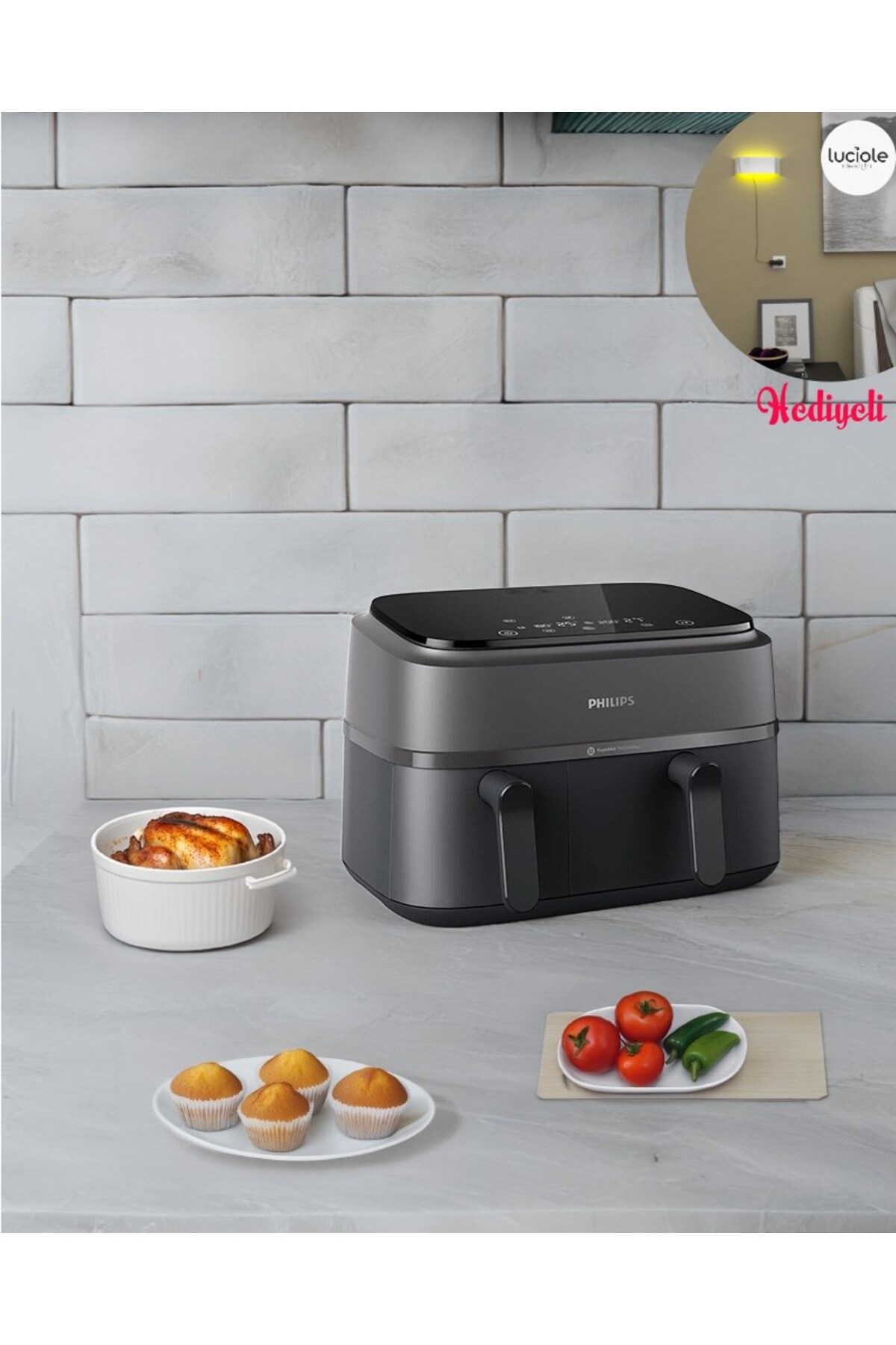 Philips Rapid Air Teknolojisi ile çıtır, yumuşak %90 az yağ Çift Hazneli Airfryer HomeID İle Hazır Tarifler