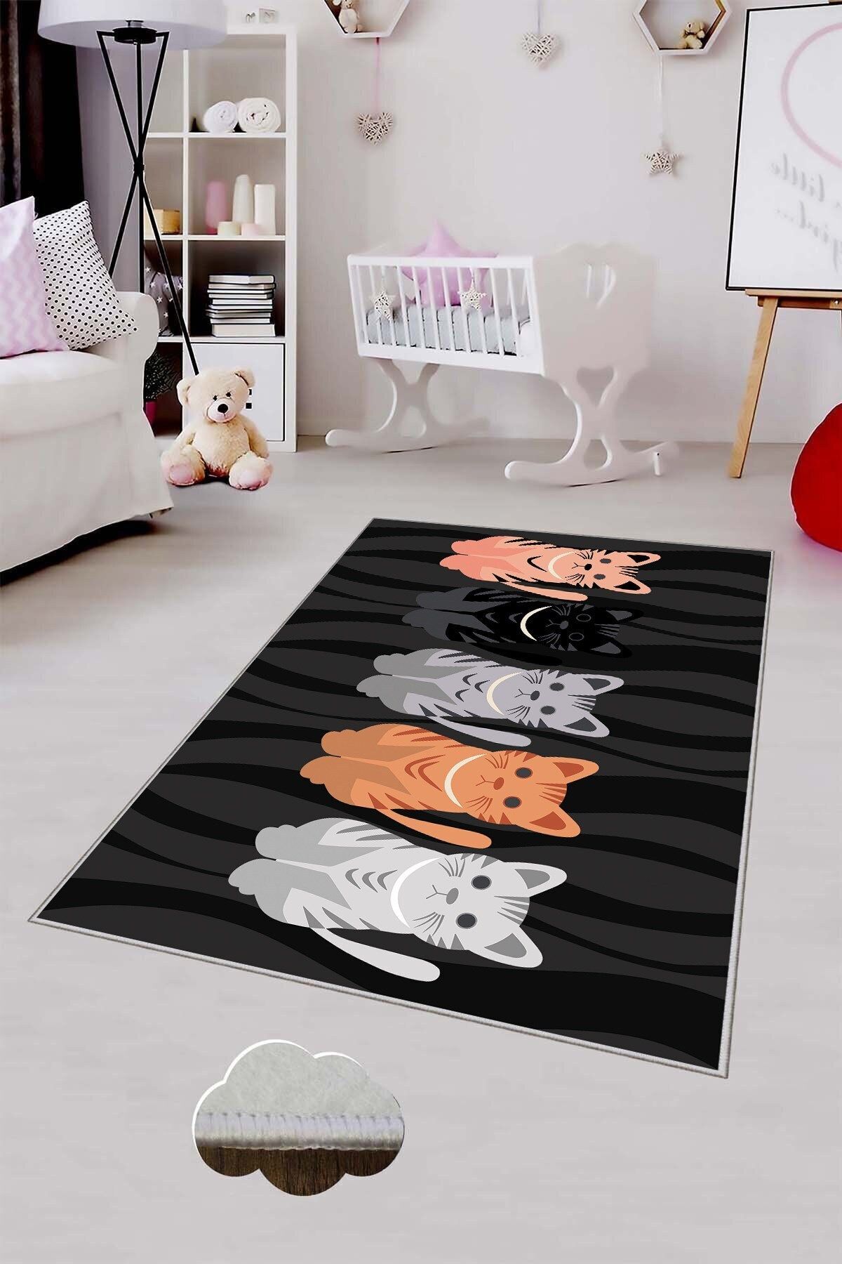 MENTEŞ HOME MENTEŞ Siyah Kedi Desenli Çocuk Yıkanabilir Kaymaz Taban Leke Tutmaz Bebek ve Çocuk Odası Halısı fotoğrafı 2 (önizleme)