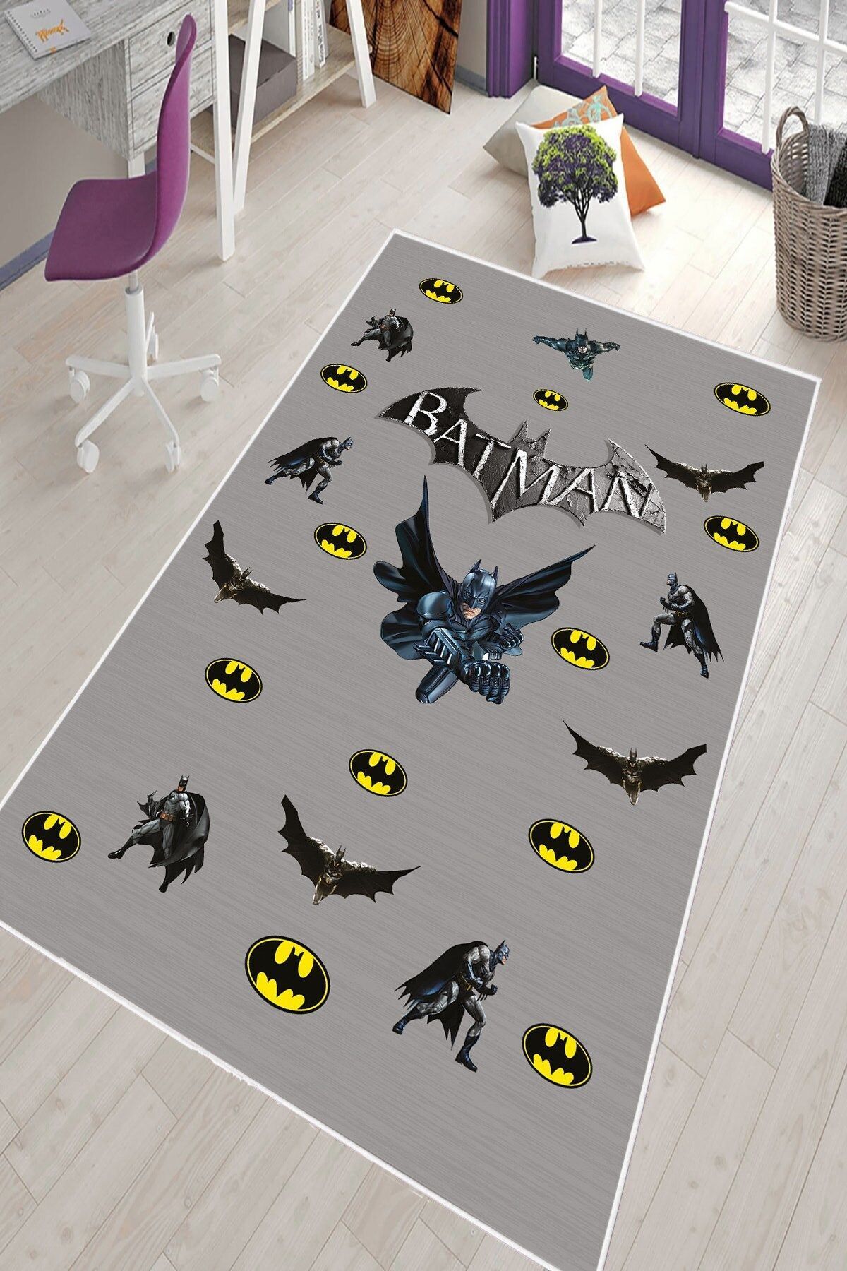 MENTEŞ HOME Gri Batman Desenli Yıkanabilir Kaymaz Taban Leke Tutmaz Bebek ve Çocuk Odası Halısı fotoğrafı 3 (önizleme)