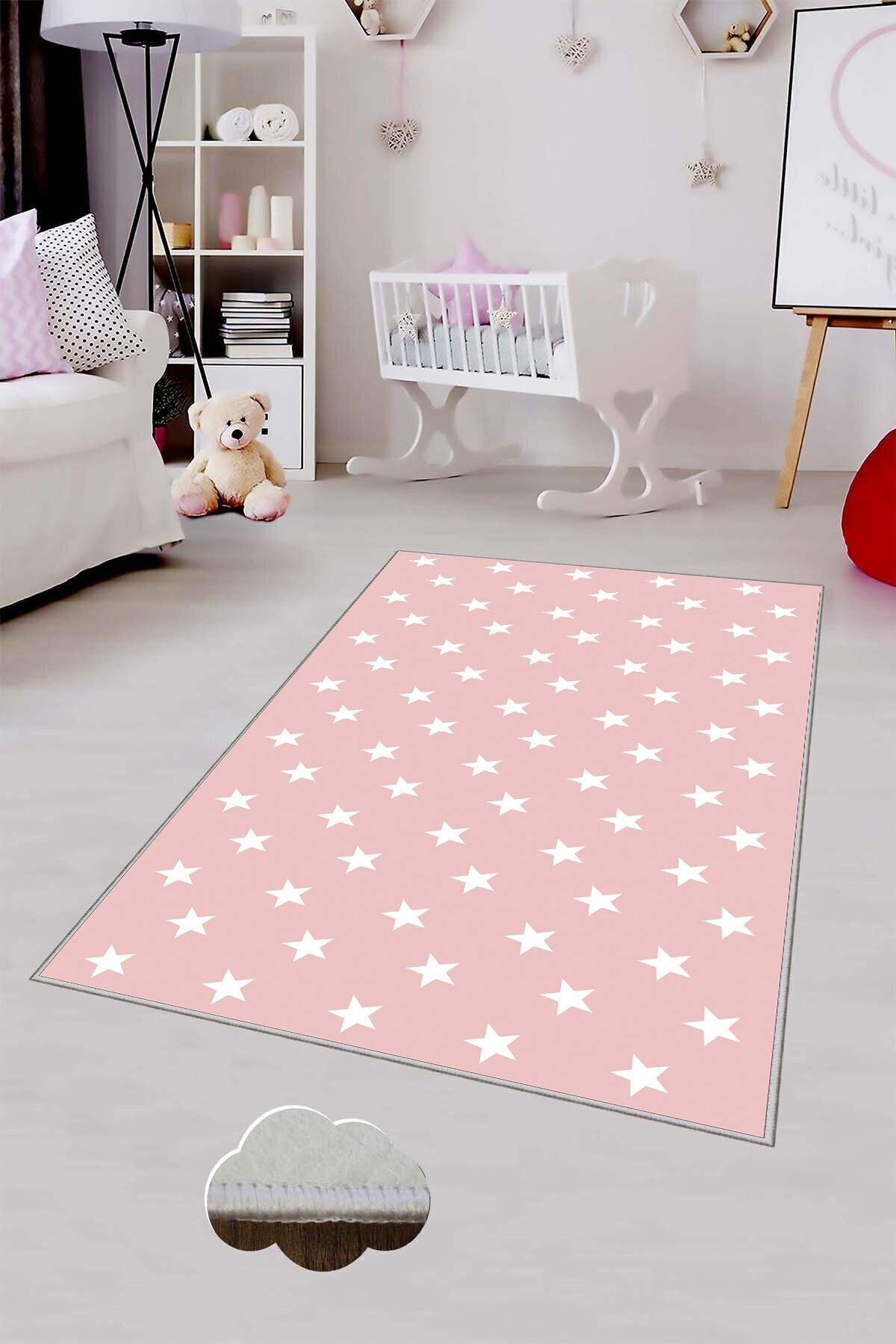 MENTEŞ HOME MENTEŞ Pembe Yıldızlı Çocuk Odası Yıkanabilir Kaymaz Taban Leke Tutmaz Bebek ve Çocuk Odası Halısı fotoğrafı 2 (önizleme)