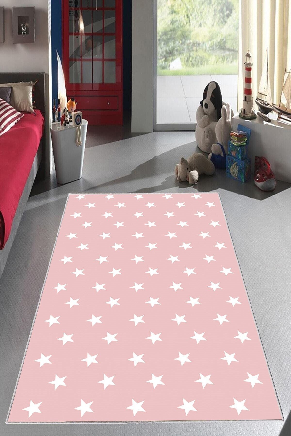 MENTEŞ HOME MENTEŞ Pembe Yıldızlı Çocuk Odası Yıkanabilir Kaymaz Taban Leke Tutmaz Bebek ve Çocuk Odası Halısı fotoğrafı 5 (önizleme)