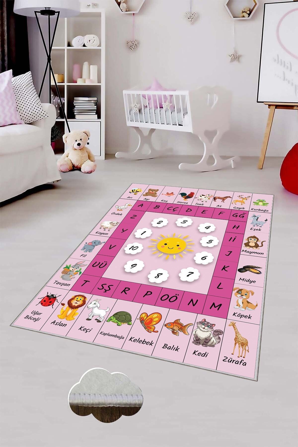 MENTEŞ HOME MENTEŞ Pembe Alfabe Desenli Eğitici Yıkanabilir Kaymaz Taban Leke Tutmaz Bebek ve Çocuk Odası Halısı fotoğrafı 2 (önizleme)