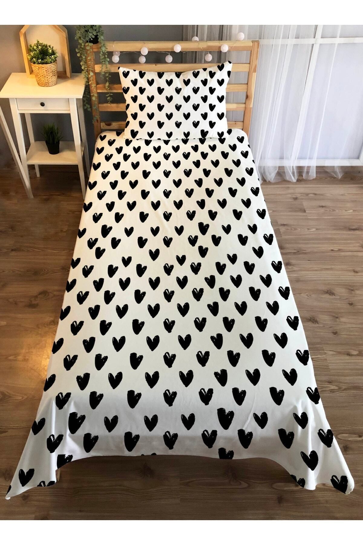 Evmila Cuvertură De Pat Din Catifea Cu Model Inimă Neagră - Albă - One Size