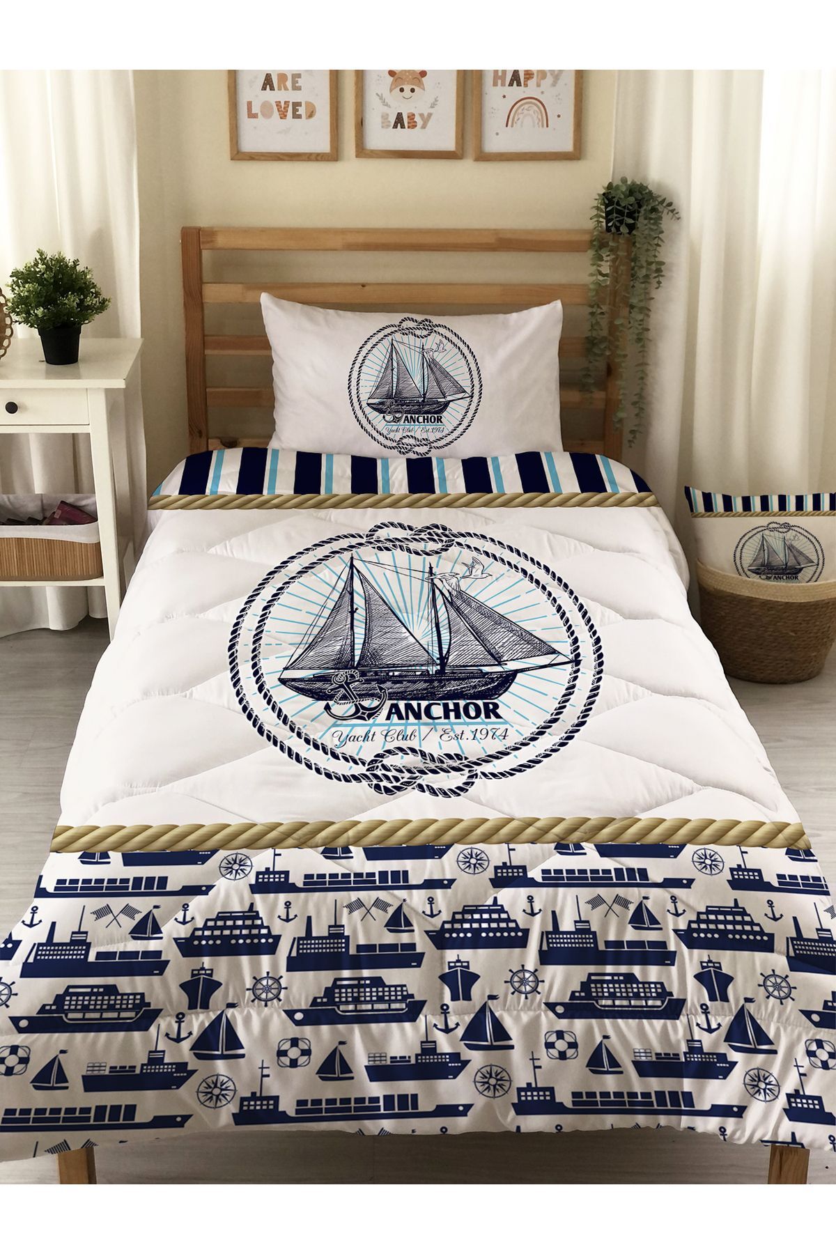 Evmila-Cuvernă matlasată cu model de navă, set de dormit unic 1