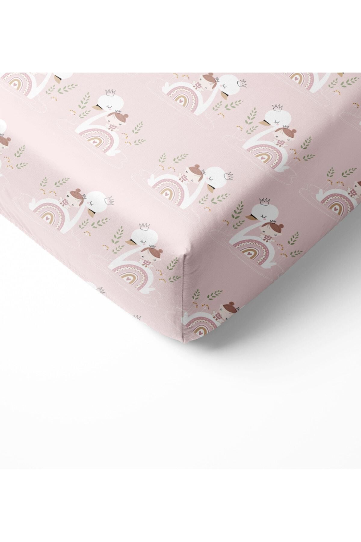 Evmila-Swan Pattern Printed Single 100x200 Cm Elastic Sheet Set Pink 2
