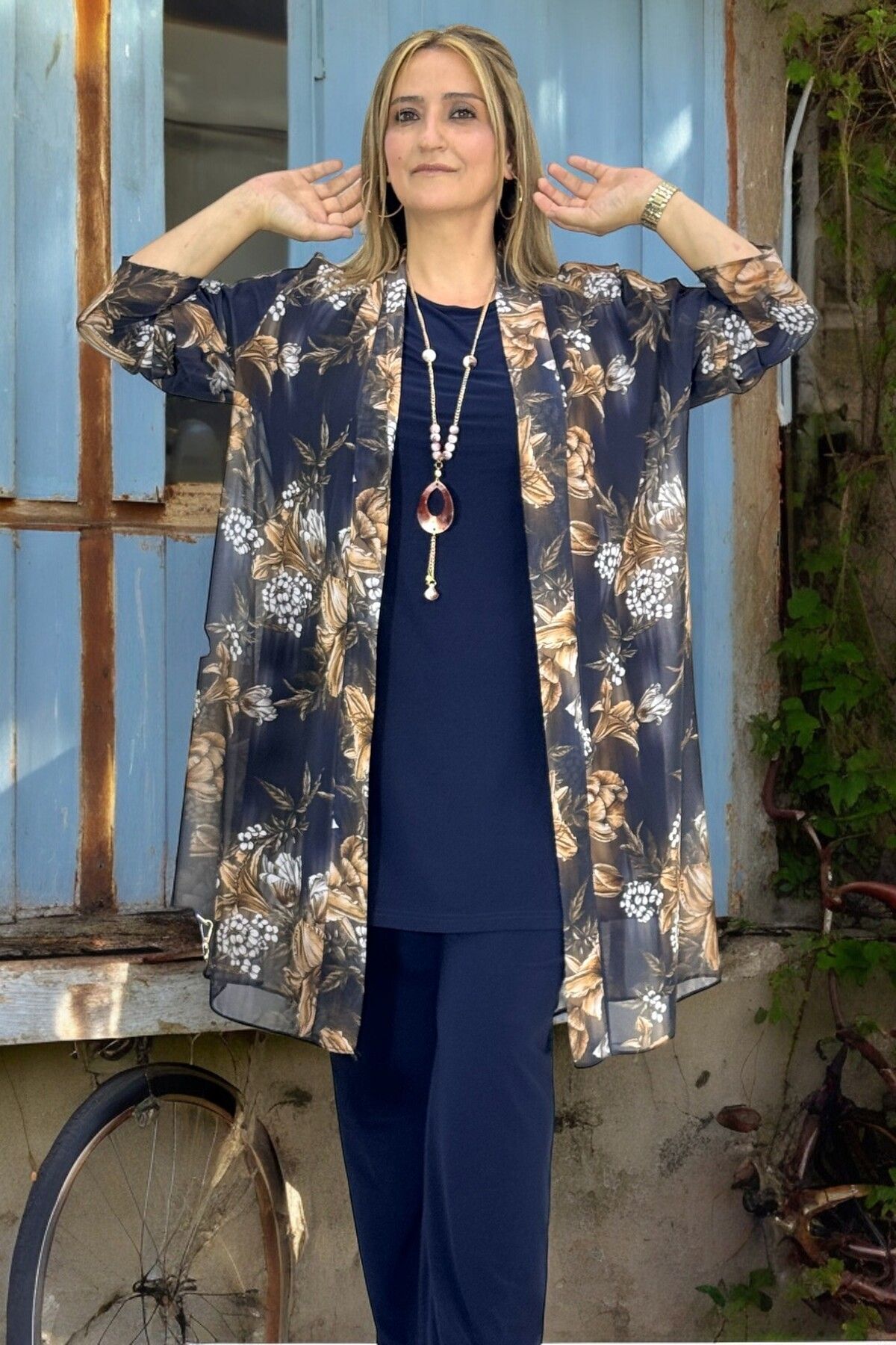 yagmurberen-Plus Size 3-Piece Set - Unlined Chiffon Jacket, Elastic Waist Blouse and Buzzy Kumash Pants 3