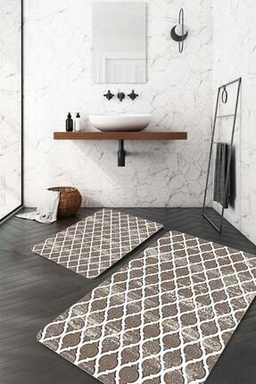 Eskitme Geometrik Motif Kahverengi Beyaz Banyo Paspası PS-PS-609