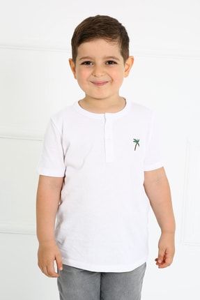 Erkek Çocuk Nakışlı Beyaz Hakim Yaka T-shirt TC-1025AGAC