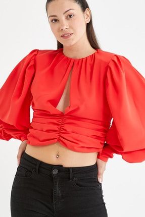 Kadın Mercan Göğüs Ve Bel Büzgü Detaylı Crop Bluz LGOZ140RLX