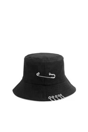 Siyah Halka Piercing Ve Çengelli Iğne Detaylı Balıkçı Bucket Şapka Gc013900piercing GC0139