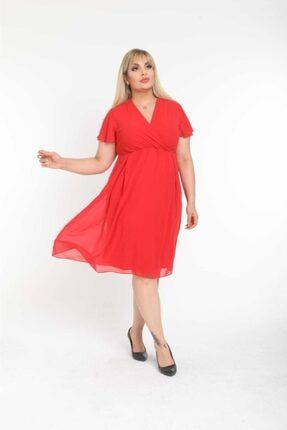 Kırmızı Kruvaze Yaka Büyükbeden Astarlı Şifon Elbise BE00031