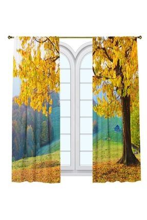 Fon Perde Tasarım Dekor Yayla Manzaralı Sarı Yaprak Ağaç Desenli Dijital Baskılı Çift Kanat 150+150 p_00008