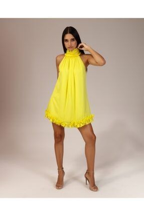 Sarı Dik Yaka Fırfırlı Elbise TR5197148TR