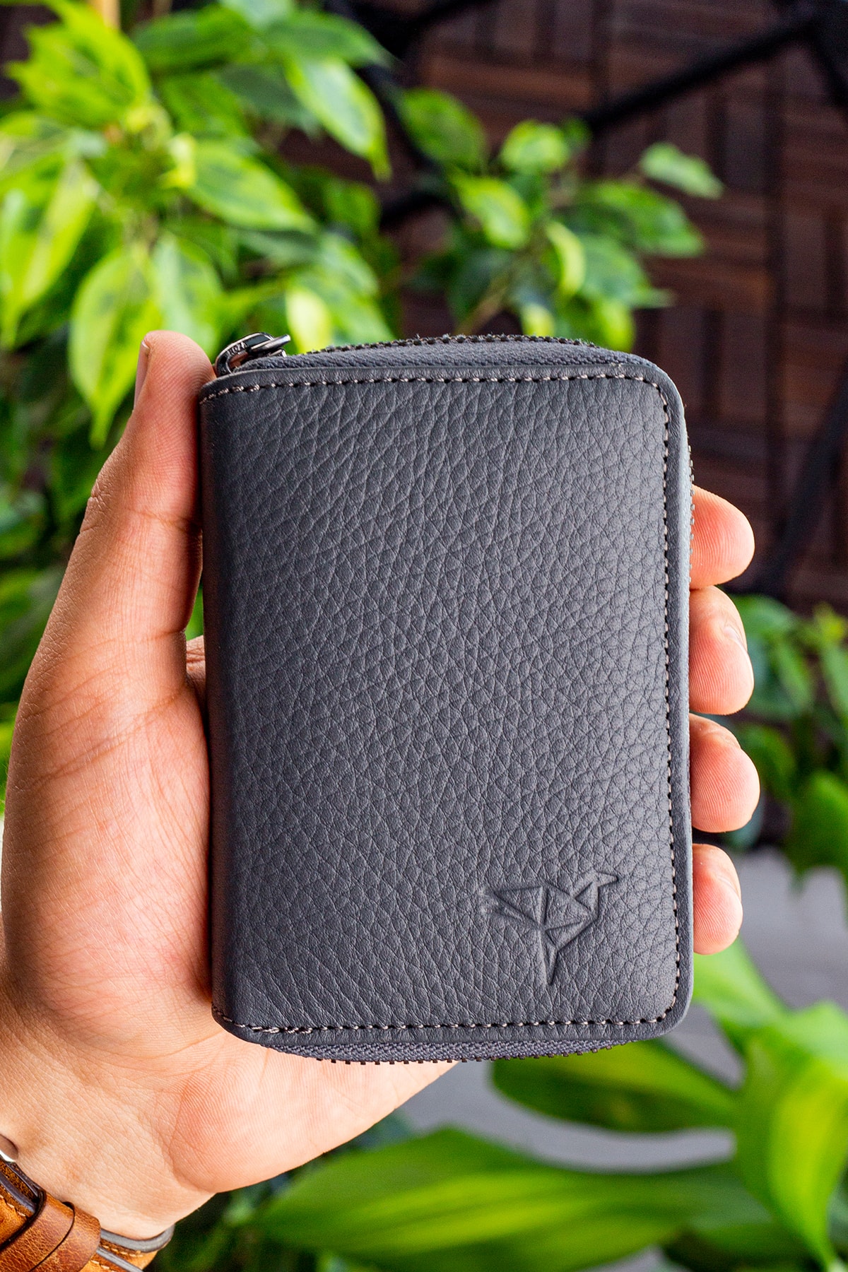 Chain Genuine Leather Gray Unisex Card Holder Wallet