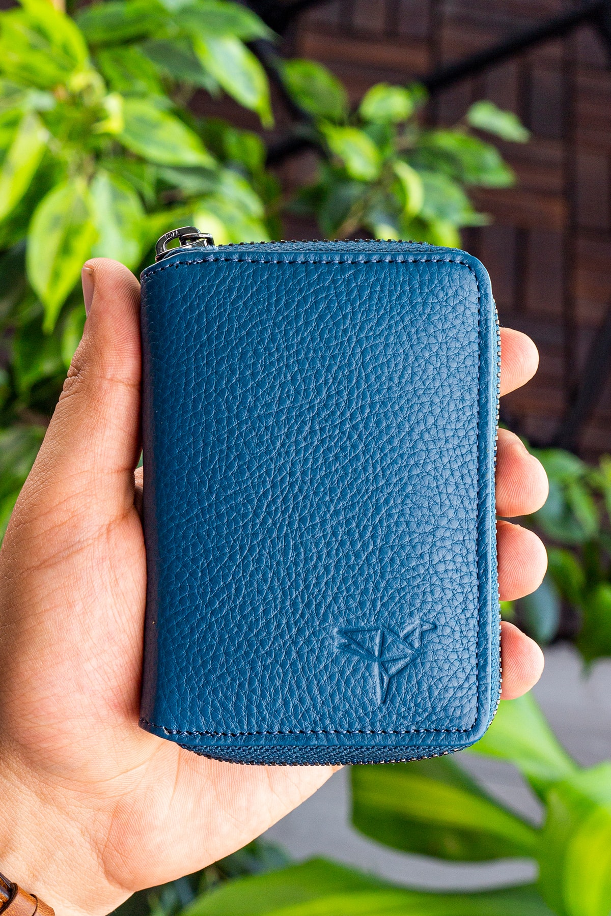 Chain Genuine Leather Unisex Petroleum Blue Card Holder Wallet