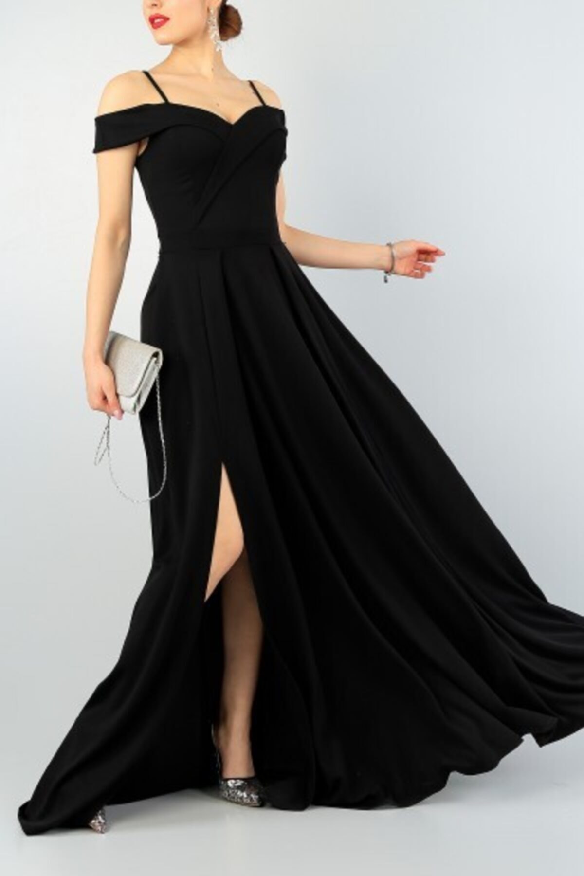 Siyah Kruvaze Yaka Pileli Abiye Elbise Uzun Elbise Düğün Elbisesi 078