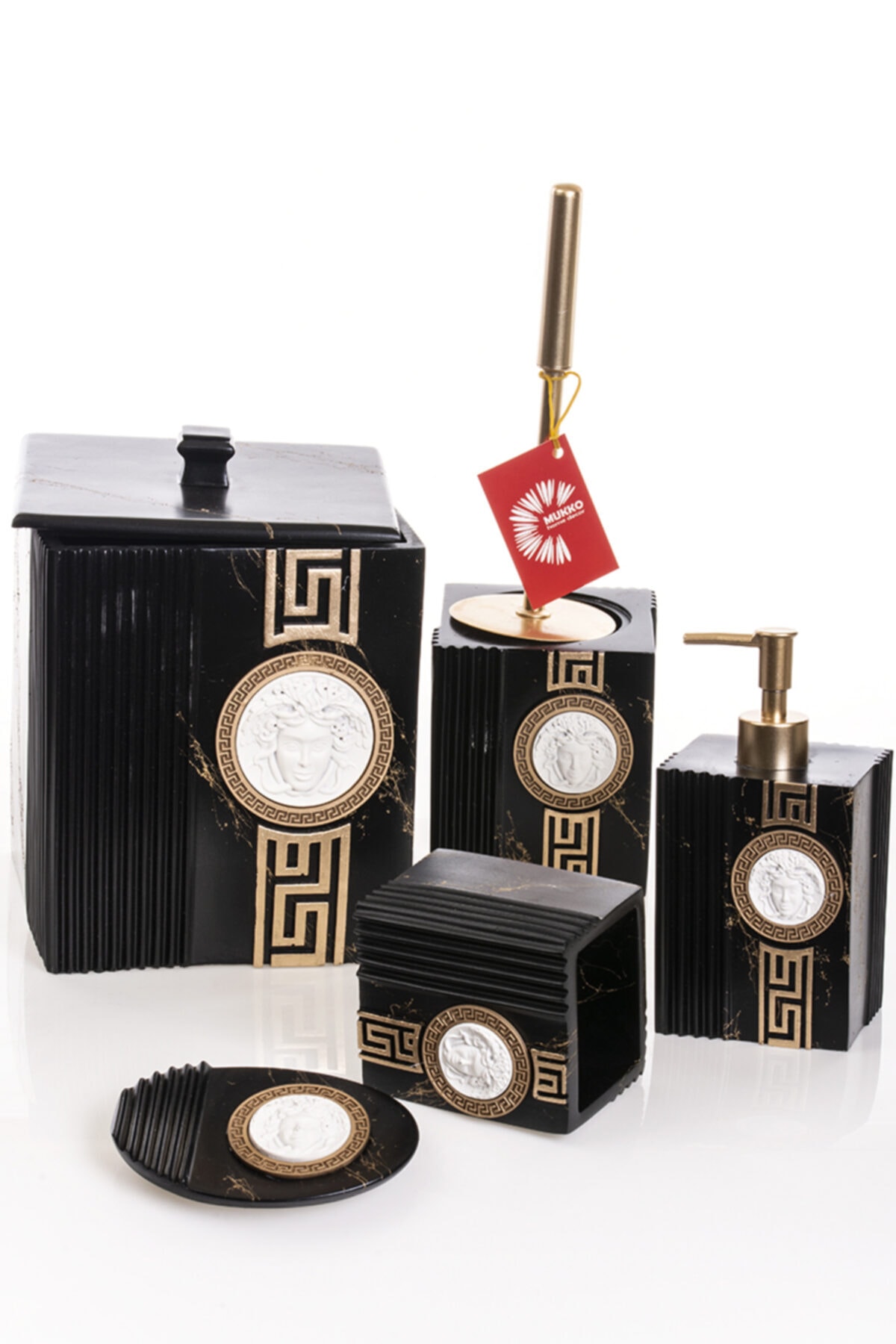 MUKKO HOME Versace Dekorlu Siyah & Gold Polyester 5 Prç Banyo Seti
