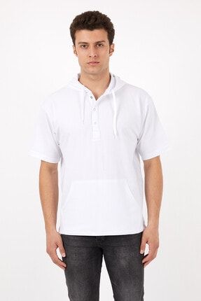 Erkek Beyaz Kapüşonlu Rahat Kesim Kanguru Cepli Kısa Kollu Pike T-shirt 315