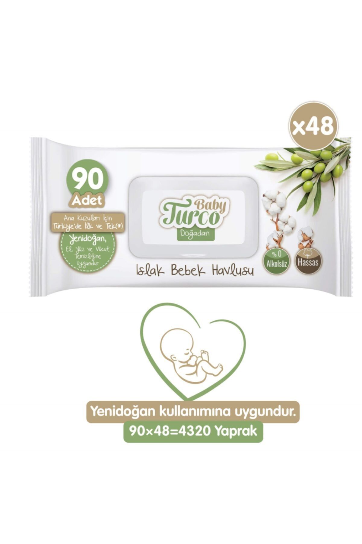 Baby Turco Doğadan Yenidoğan Islak Bebek Havlusu 48x90 Yaprak