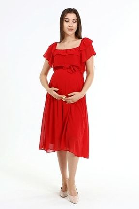 Yaka, Şifon, Kırmızı Elbise AD2008