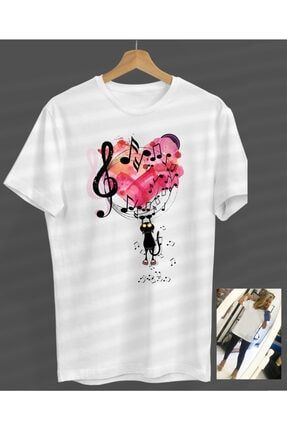 Unisex Kadın-erkek Nota Yırtan Kedi Beyaz Yuvarlak Yaka T-shirt S23358041600BEYAZNVM