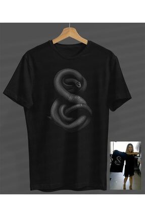 Unisex Kadın-erkek Gri Yılan Tasarım Siyah Yuvarlak Yaka T-shirt S23358048660SİYAHNVM