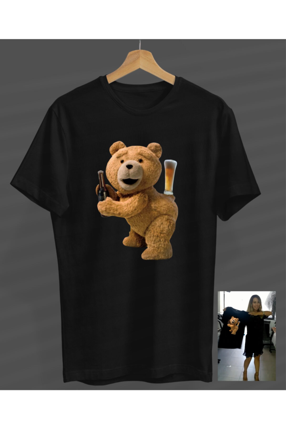 Unisex Erkek-kadın Teddy Ayıcık Siyah Yuvarlak Yaka T-shirt