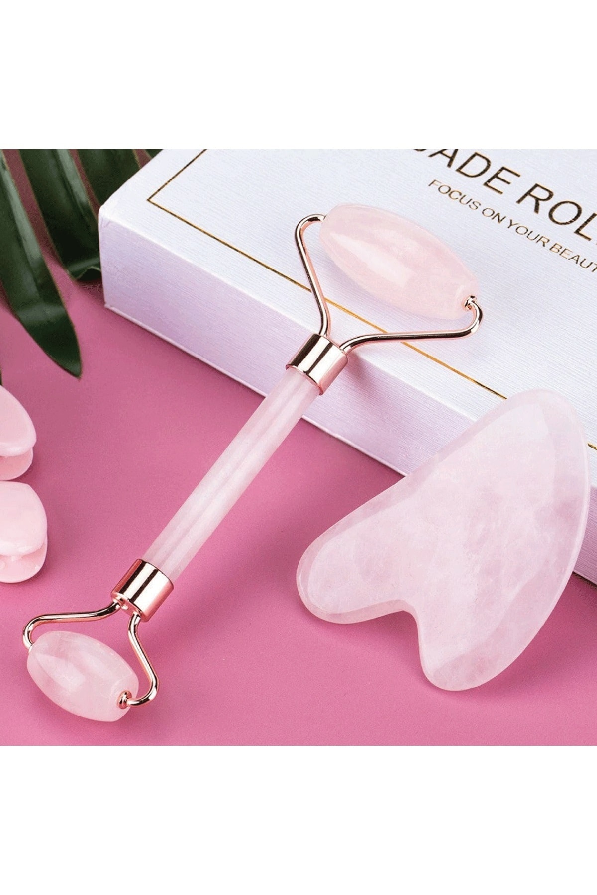 Pembe Kuvars Jade Face Roller Ve Pembe Kuvars Kalp Gua Sha Yüz Masaj Taşı Premium Set